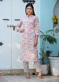 Kaajh Woman's Pink Printed Cotton Kurta Pant Set