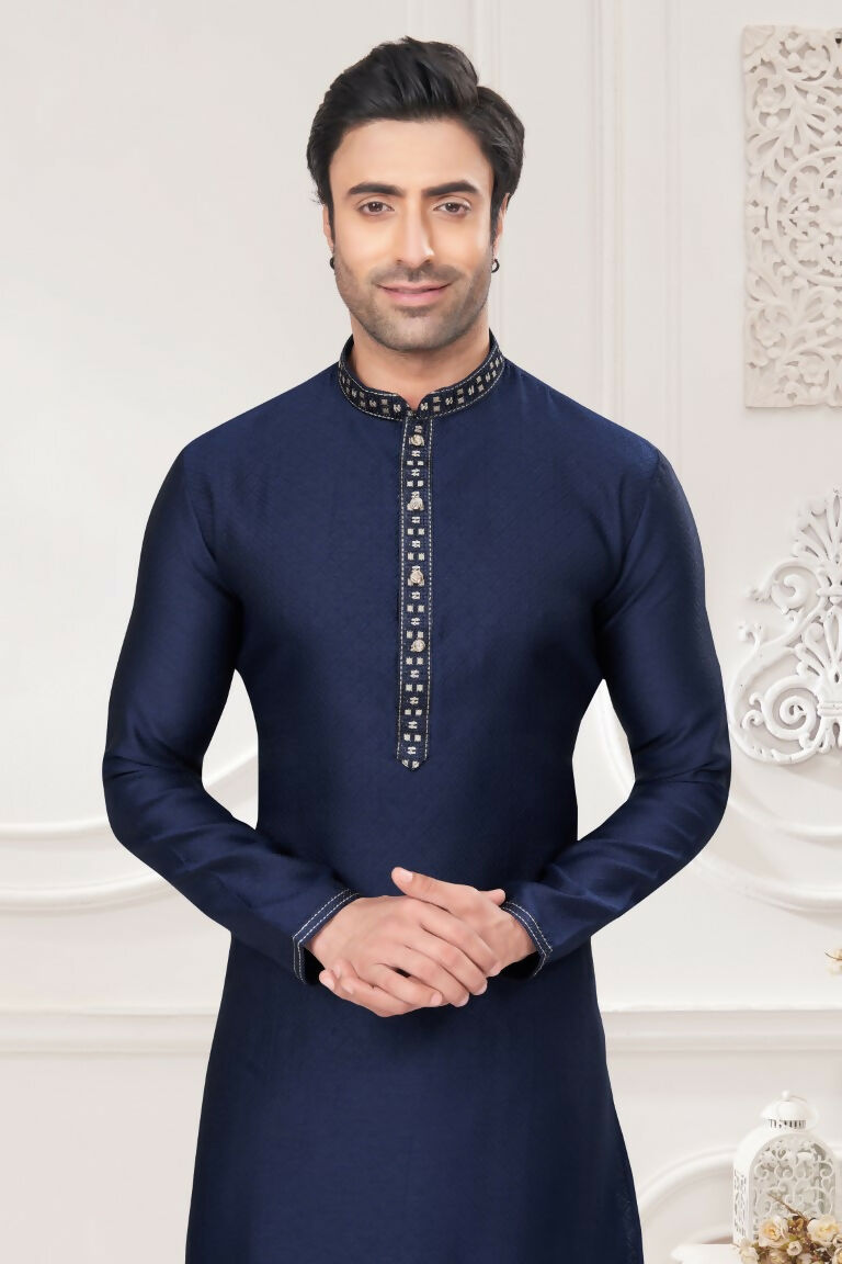 Functional Designer Men's Blue Jacquard Kurta With Pant - Rudra