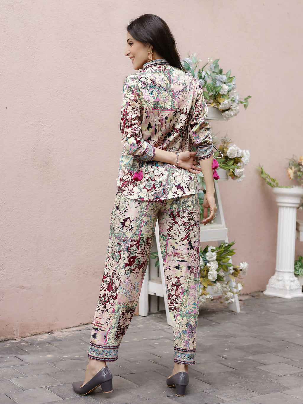 Cream Rayon Floral Printed Top with Matching Bottom - Eesha