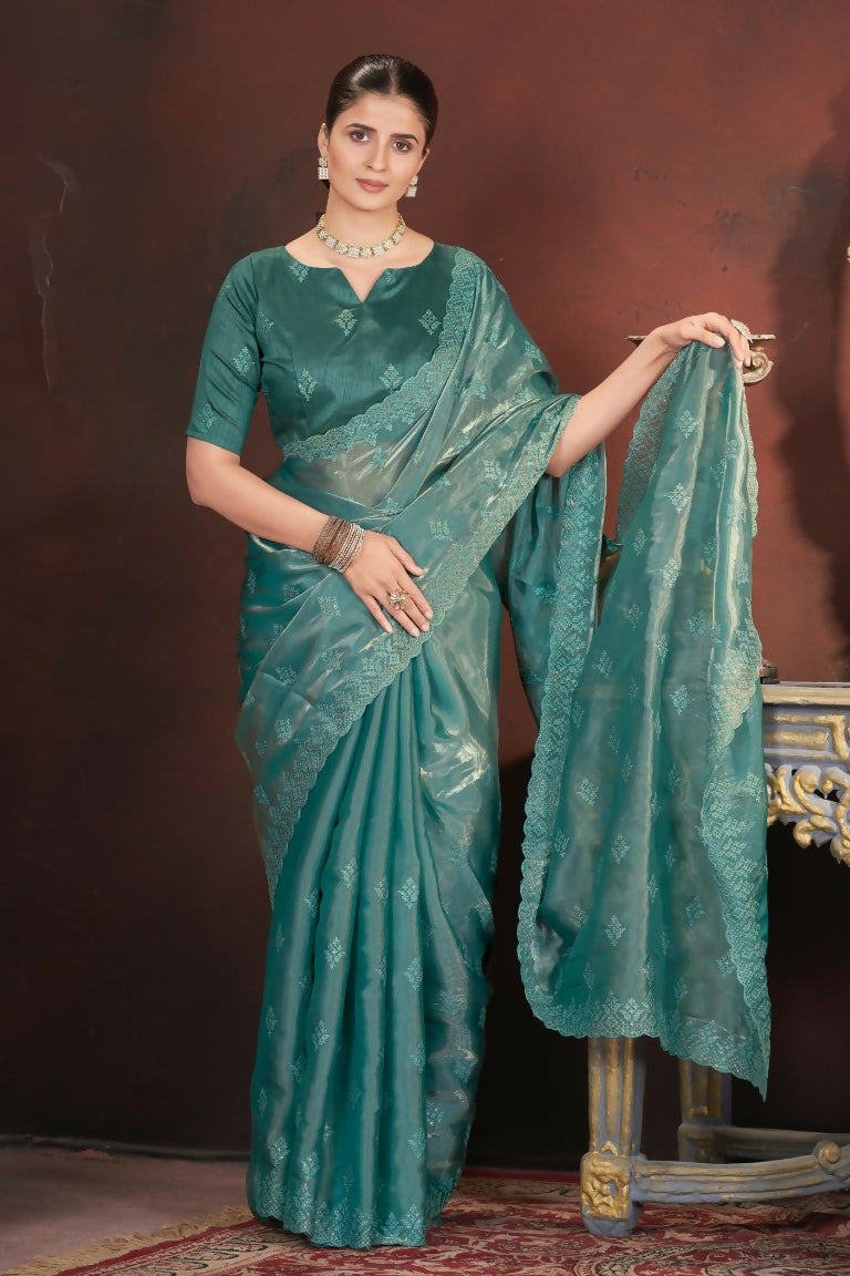 Vastranavya Teal Jimmy Choo Silk 3mm Sequence work with Cross Stitch Embroidery work & Cutwork Border Saree