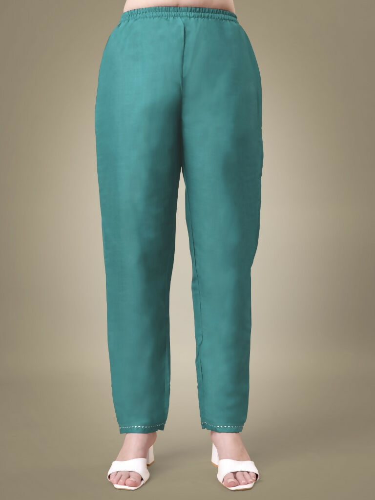 Jyoti Fashion Women's Teal Cotton Blend Embroidery & Sequence work Kurta with Trouser & Dupatta