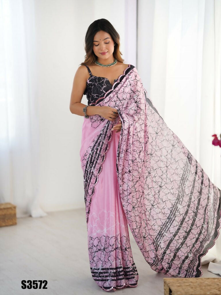 Pink Chinon Designer Digital Printed,Mirror Cut Work Saree - Sohni