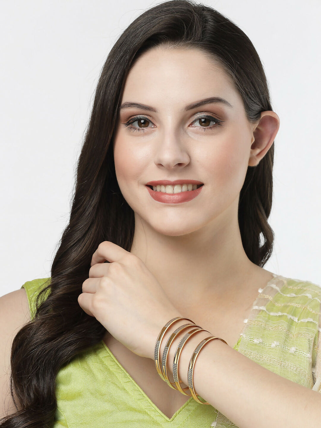 NVR Women's Set of 4 Gold-Polished CZ-Studded Traditional Bangles