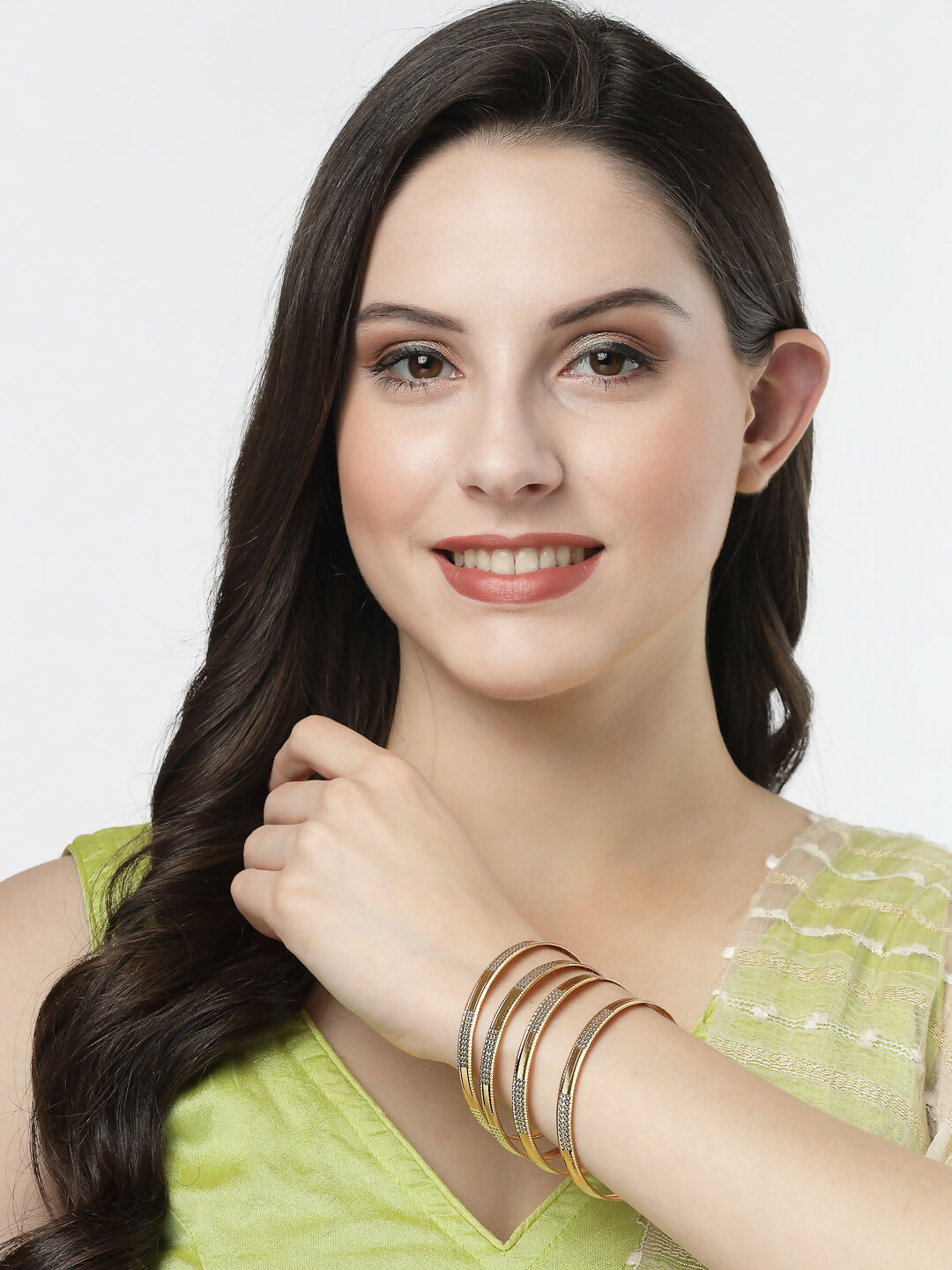 NVR Women's Set of 4 Gold-Polished CZ-Studded Traditional Bangles