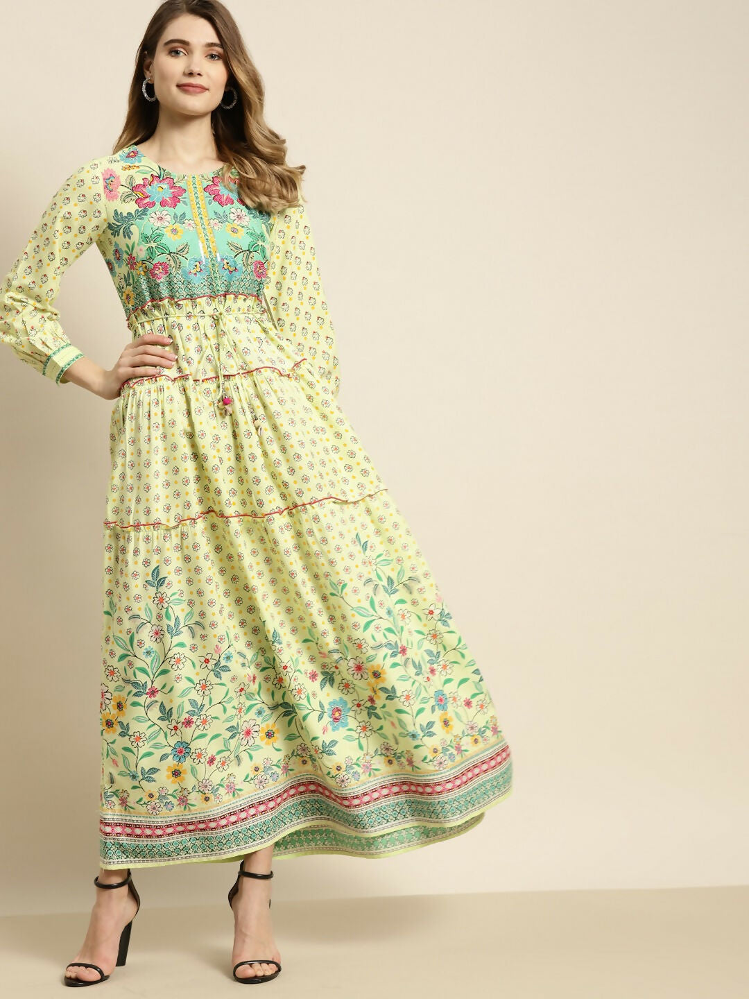 Juniper Lime Green Floral Printed Rayon Maxi Dress With Dori Tie-Up & Tassels On Waist