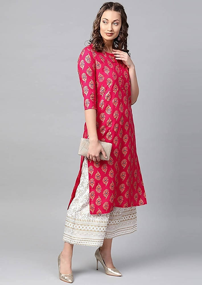 Vamika Pink Printed Rayon Party And Casual Wear Kurta Set