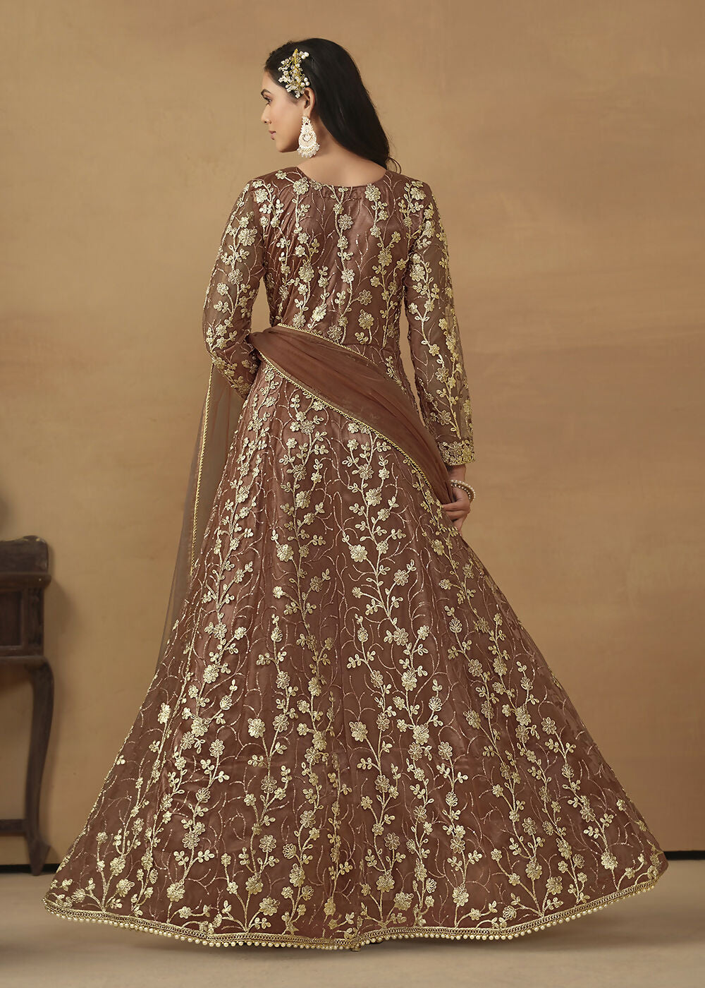 Pant Style Snuff Brown Embroidered Net Wedding Anarkali Suit - Emponline