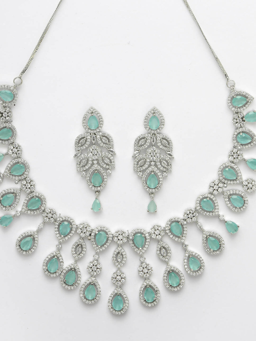 NVR Women Silver Plated & Turquoise Cz Stone Handcrafted Jewellery Set