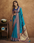 Vastranavya Blue Soft Paithani Silk Saree With Gold Zari Weaving Motifs With Matching Blouse Fabric
