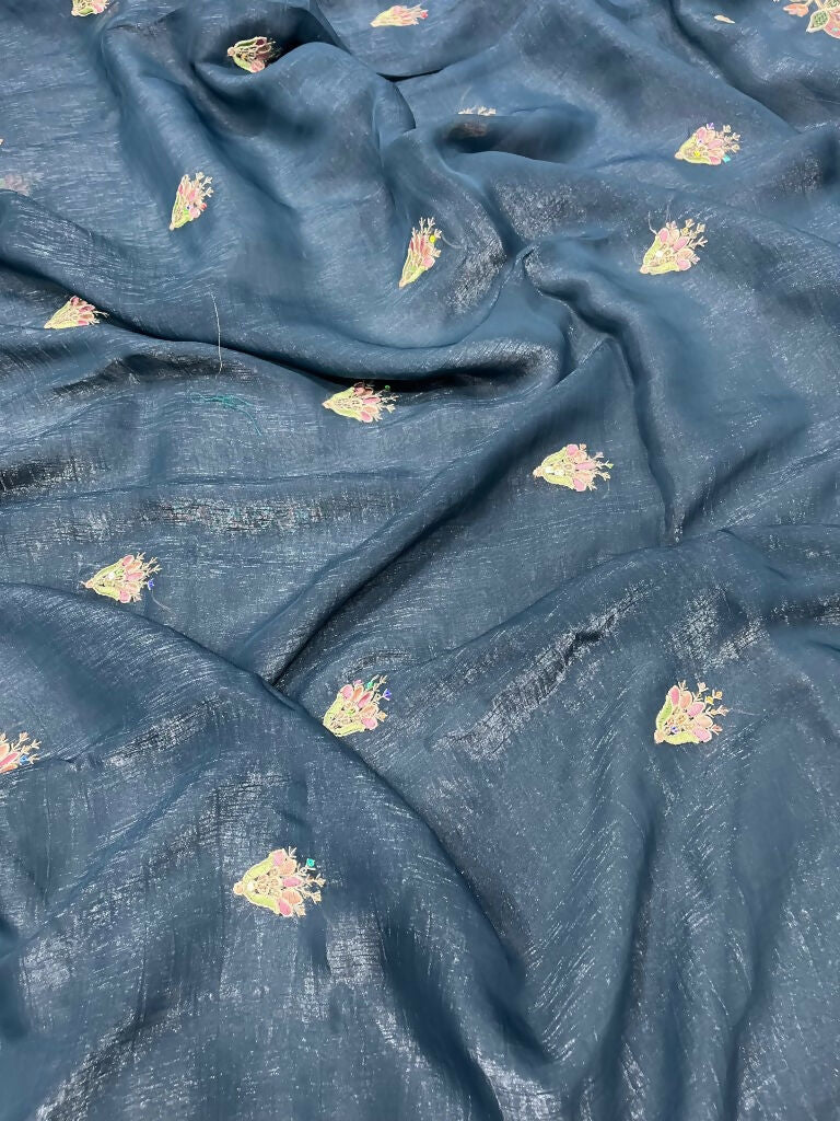 Vastranavya Gold Crunchy Multi Colour Threads Embroidery Work with Sequins Work Saree with Blouse material - Teal