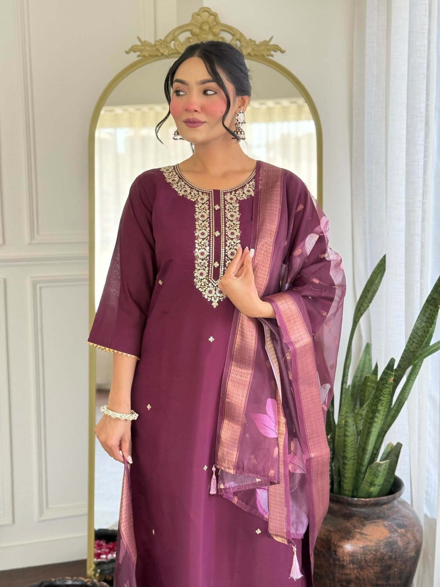 The52 Wine Women's Gorgeous Rayon Fabric Embroidered Work Straight Kurta Pant and Dupatta Set