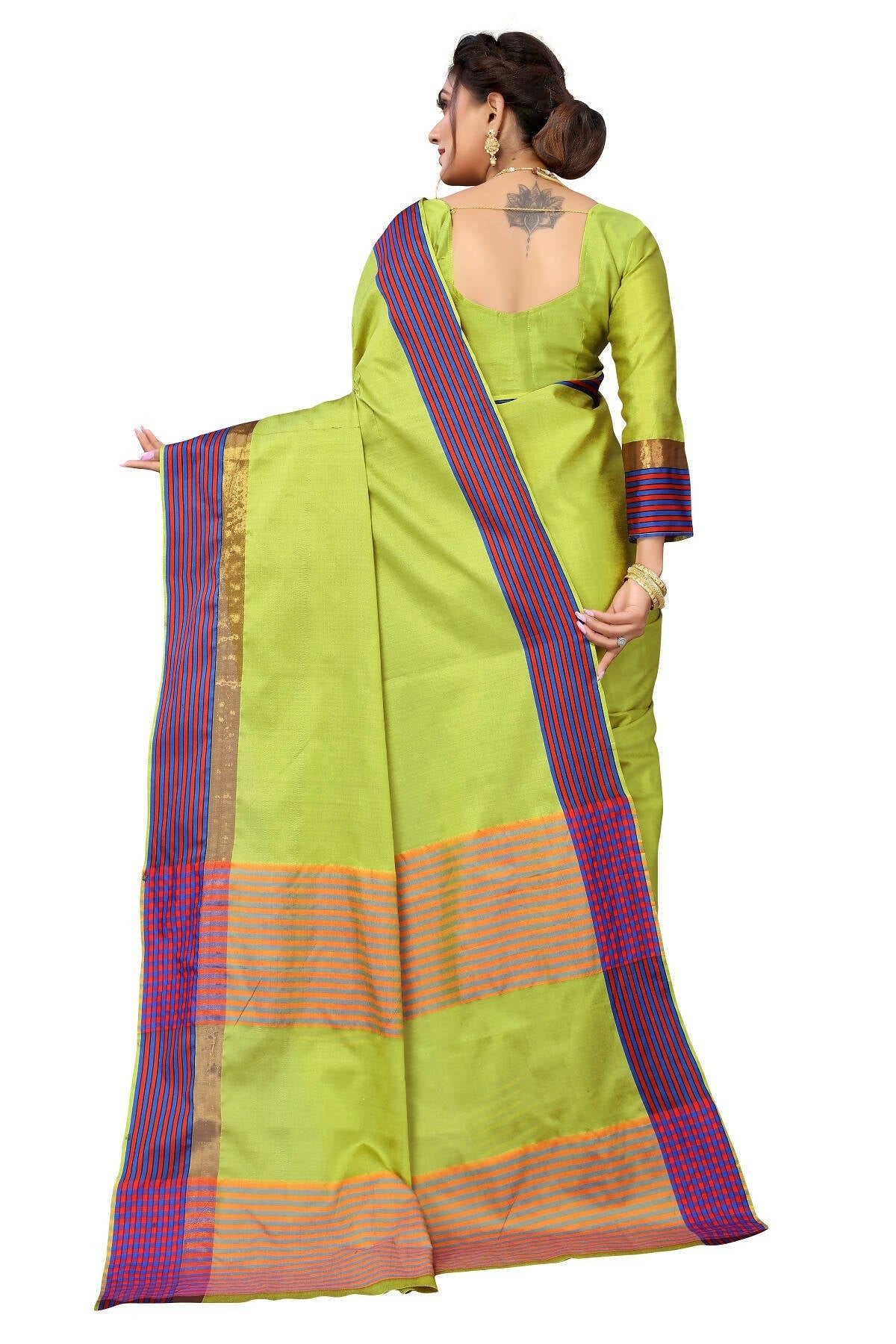 Vamika Ethnic Fire Parrot Green Cotton Silk Saree