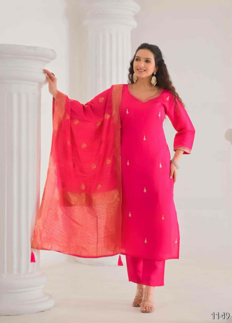 Ethnic Festive Wear Viscose Chanderi Pink Stitched Suit With Dupatta - Tanisha