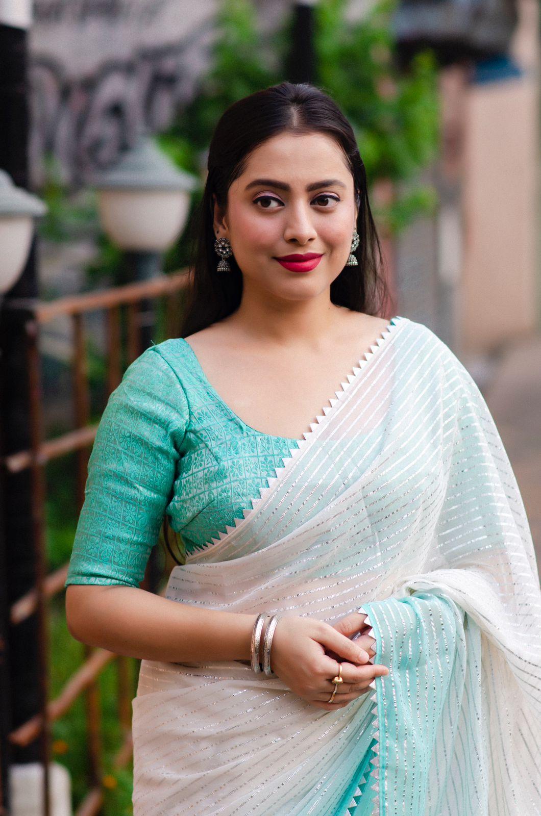 Green Poly Chiffon Striped Saree with Unstitched Blouse - Hiral Fashion