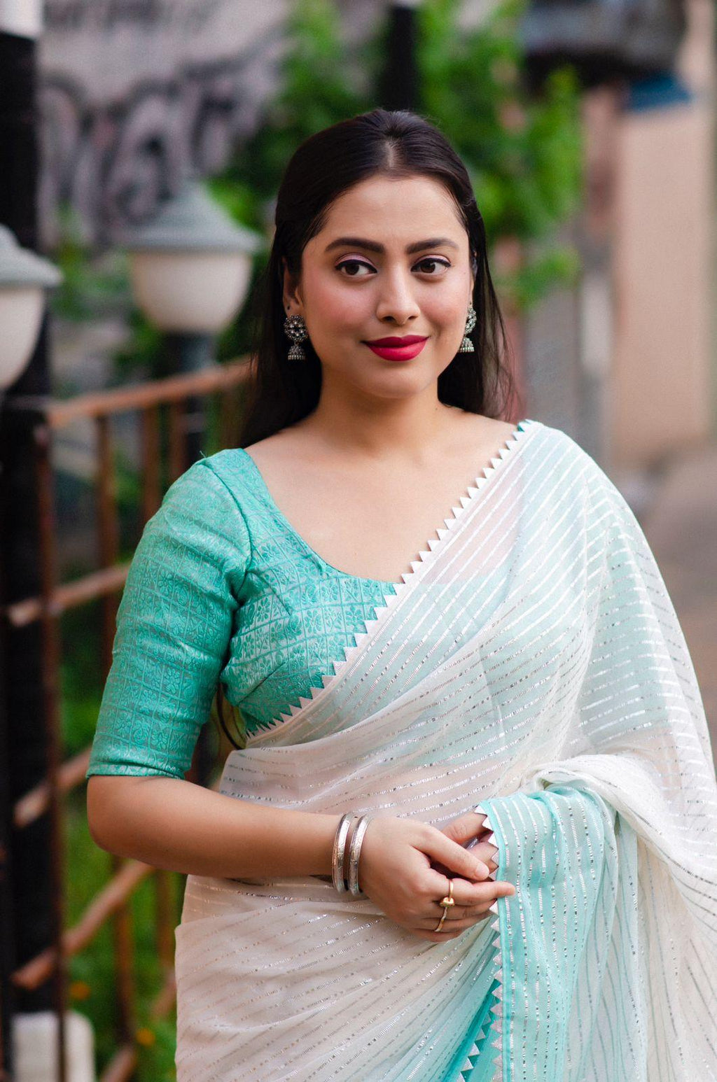 Green Poly Chiffon Striped Saree with Unstitched Blouse - A2M