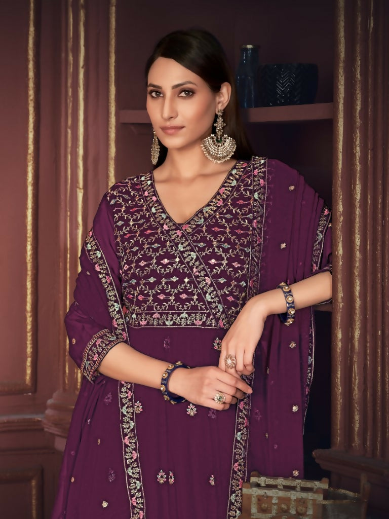 Jyoti Fashion Women's Purple Georgette Embroidered Anarkali Kurta Pant Set With Dupatta