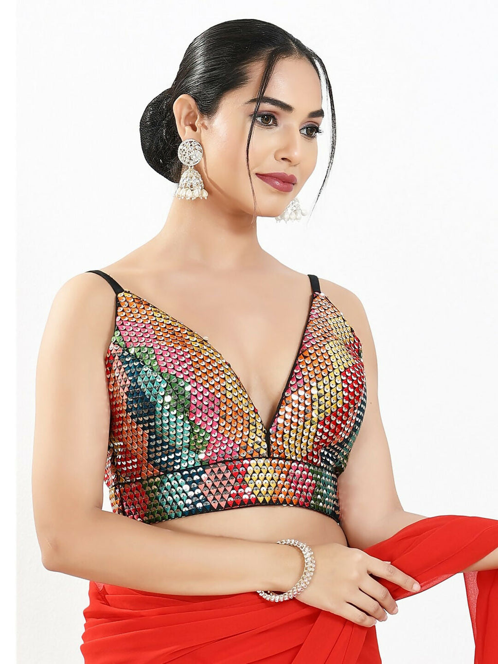 Joban Fashion Black Multi Sequin Padded Blouse With V Neck Sleeveless
