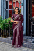 Vastranavya Wine Embroidery Work Shimmer Chiffon Saree with Unstitched Blouse