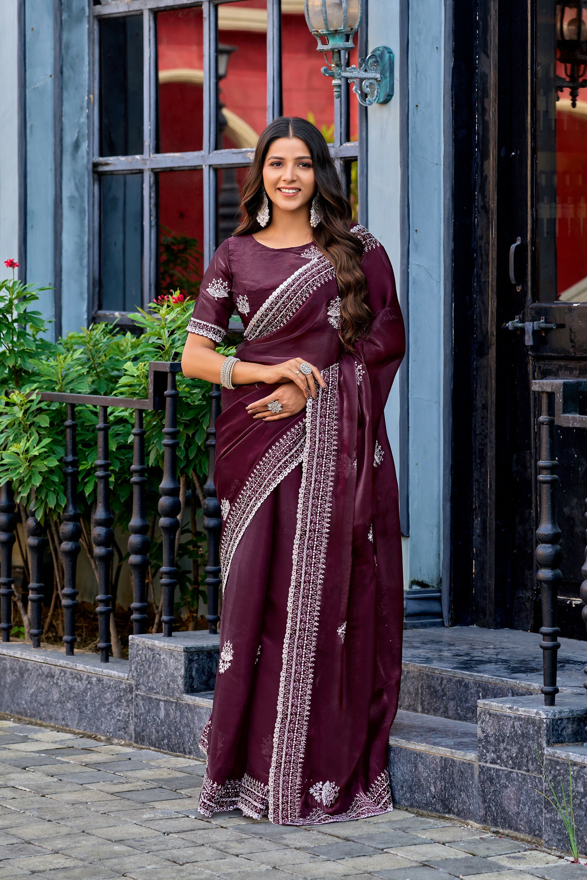 Vastranavya Wine Embroidery Work Shimmer Chiffon Saree with Unstitched Blouse