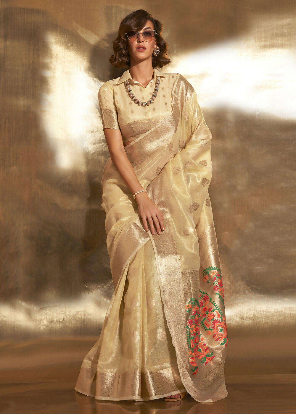 Golden Handwoven Tissue Fabric Festive & Party Style Saree - Emponline