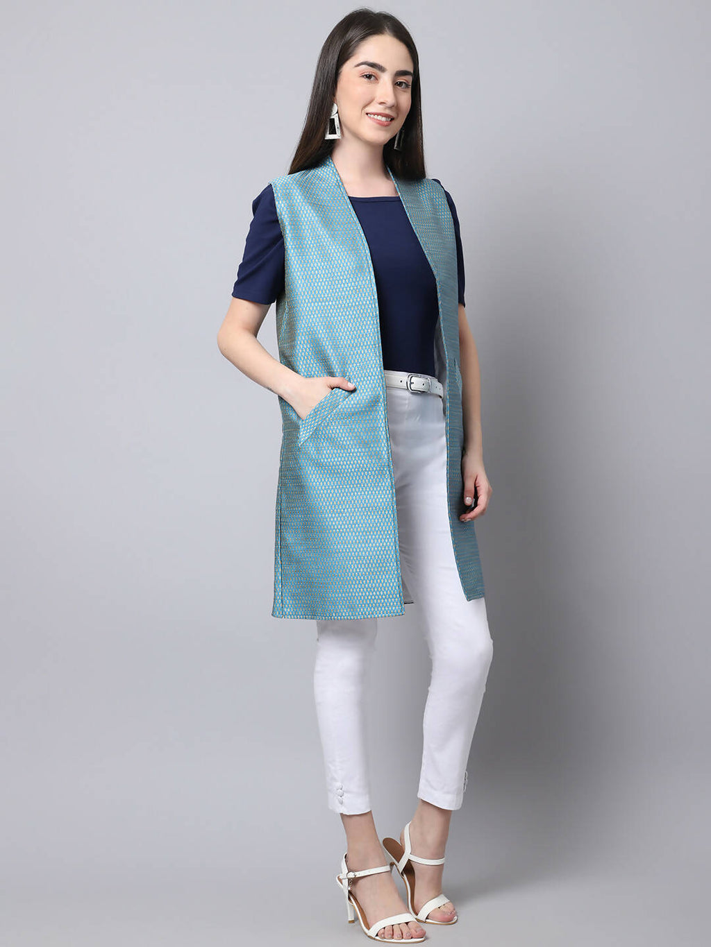 Even Apparels Blue Bansari Silk Open Front Women's Long Coat