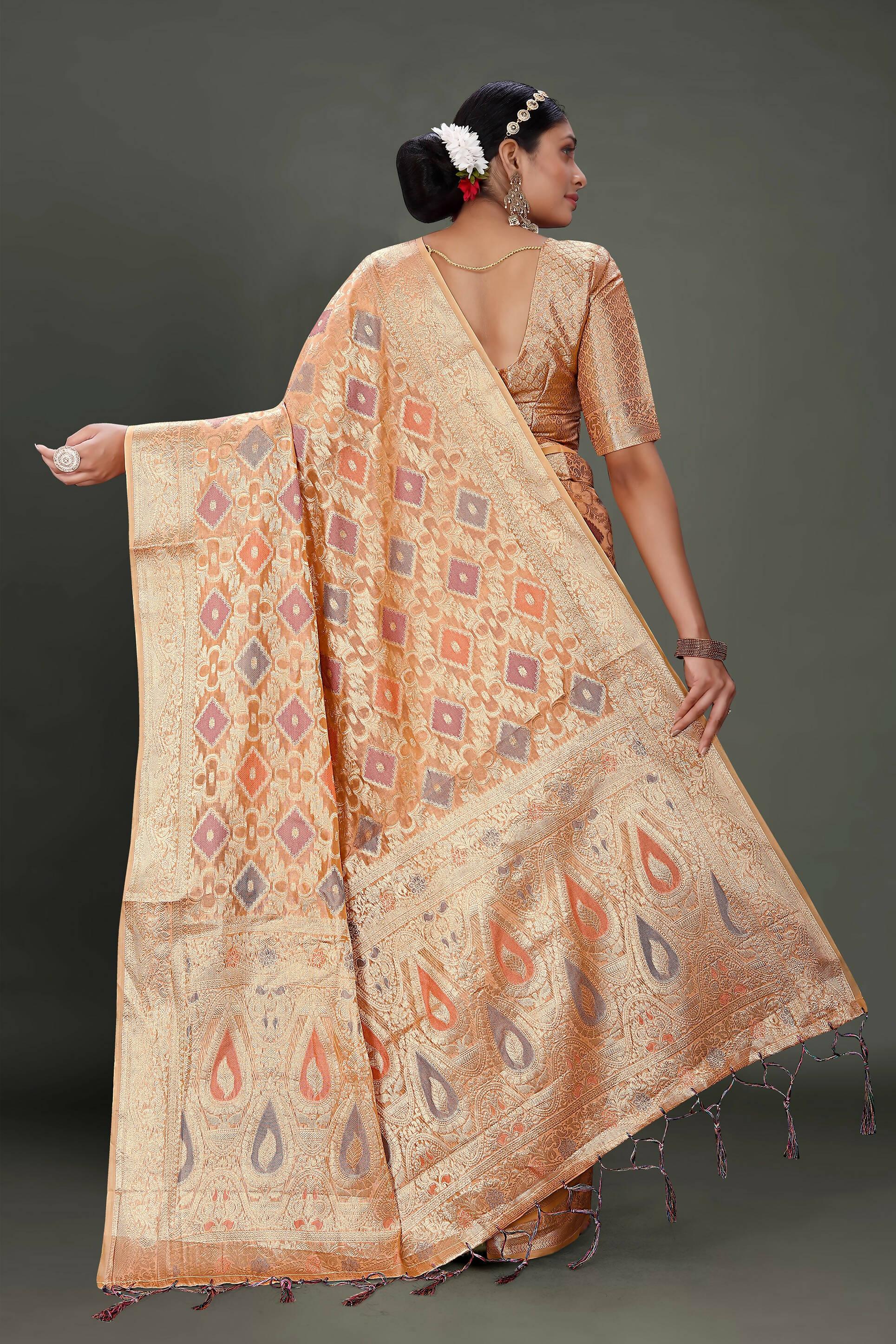 Peach Soft Organza Woven Design Saree With Unstitched Blouse Piece - Zaara
