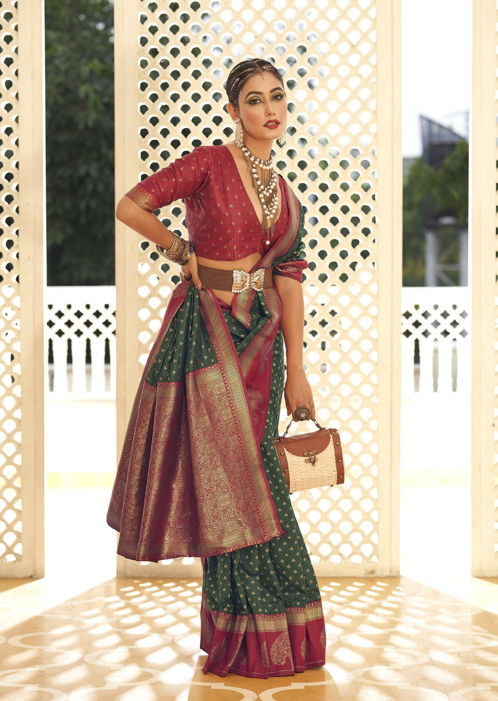 Green Soft Banarasi Paithani Copper Zari Weaving Saree With Unstitched Blouse Piece - Jodha