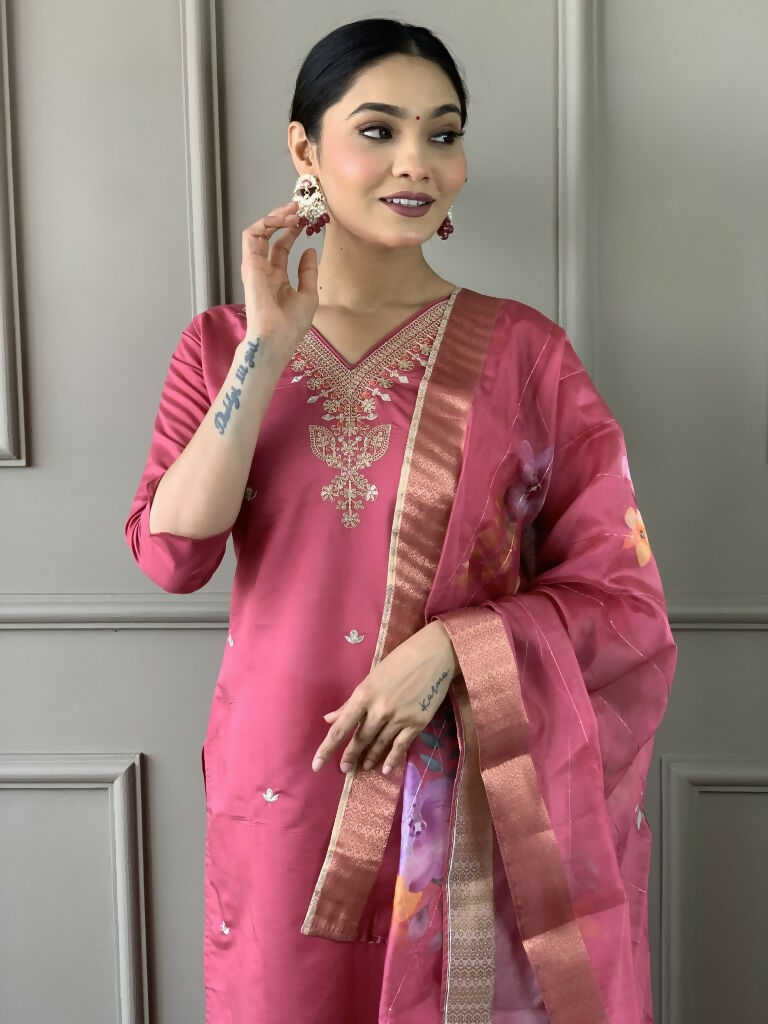 Light Pink Viscose chanderi Stitched Suit With Dupatta - Tanisha