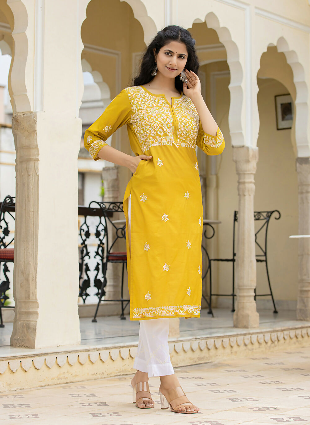 Kaajh Women's Mustard Chikhankari Embroidered Kurta Pant Set