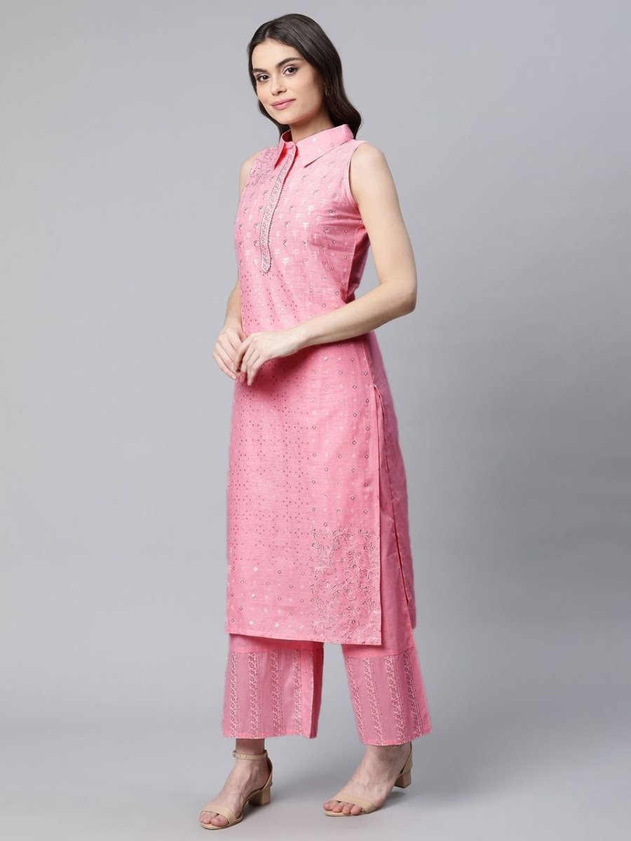 Ahalyaa Women Light Pink Colour Pure Cotton Printed Kurta Palazzo Set