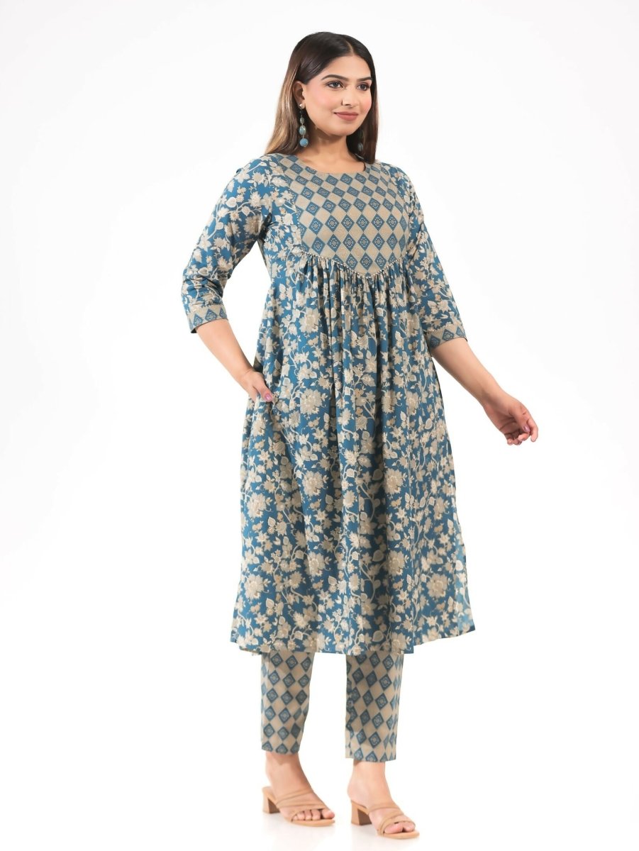 Aramya Blue Soft Cotton Gold foil Print A-line Kurta Set for Women