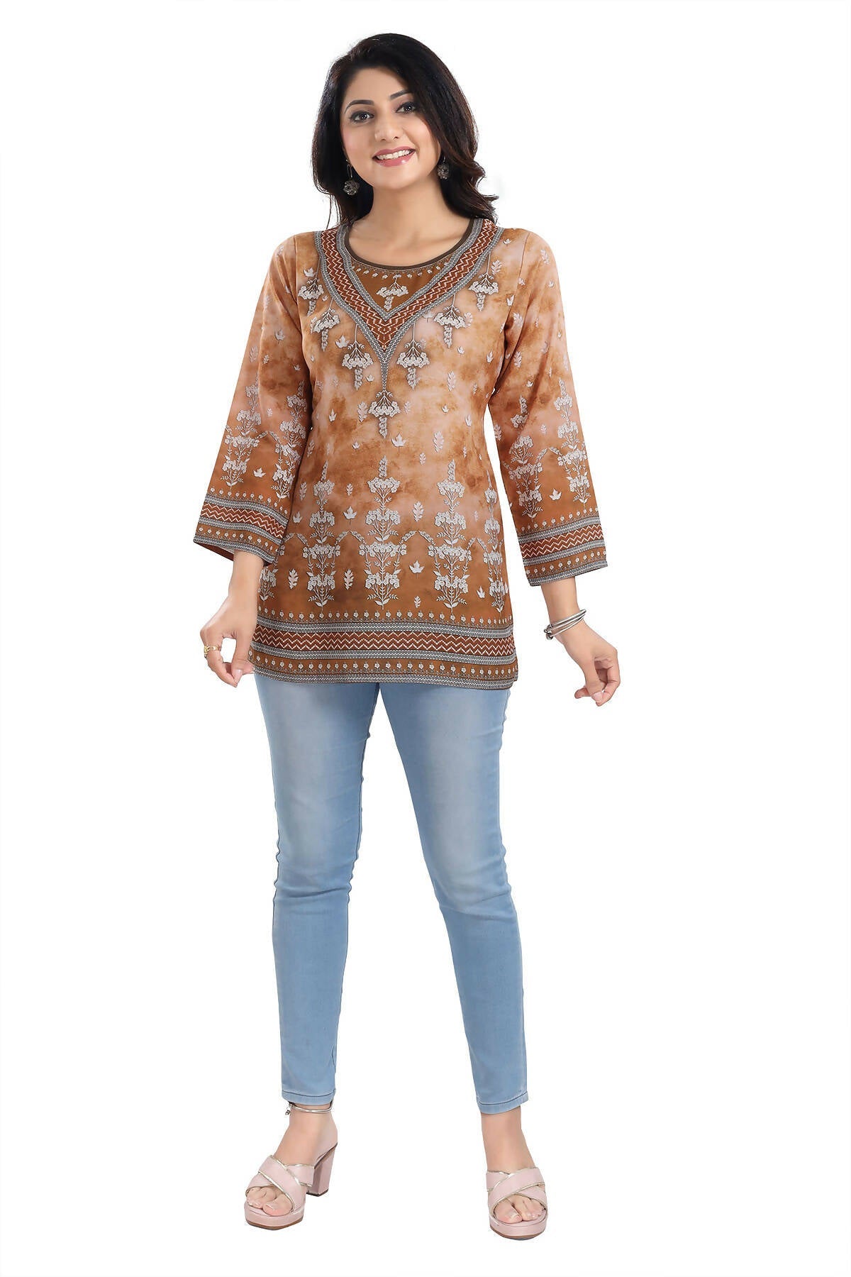Snehal Creations Rustic Brown Faux Crepe Printed Short Kurti Tunic Top