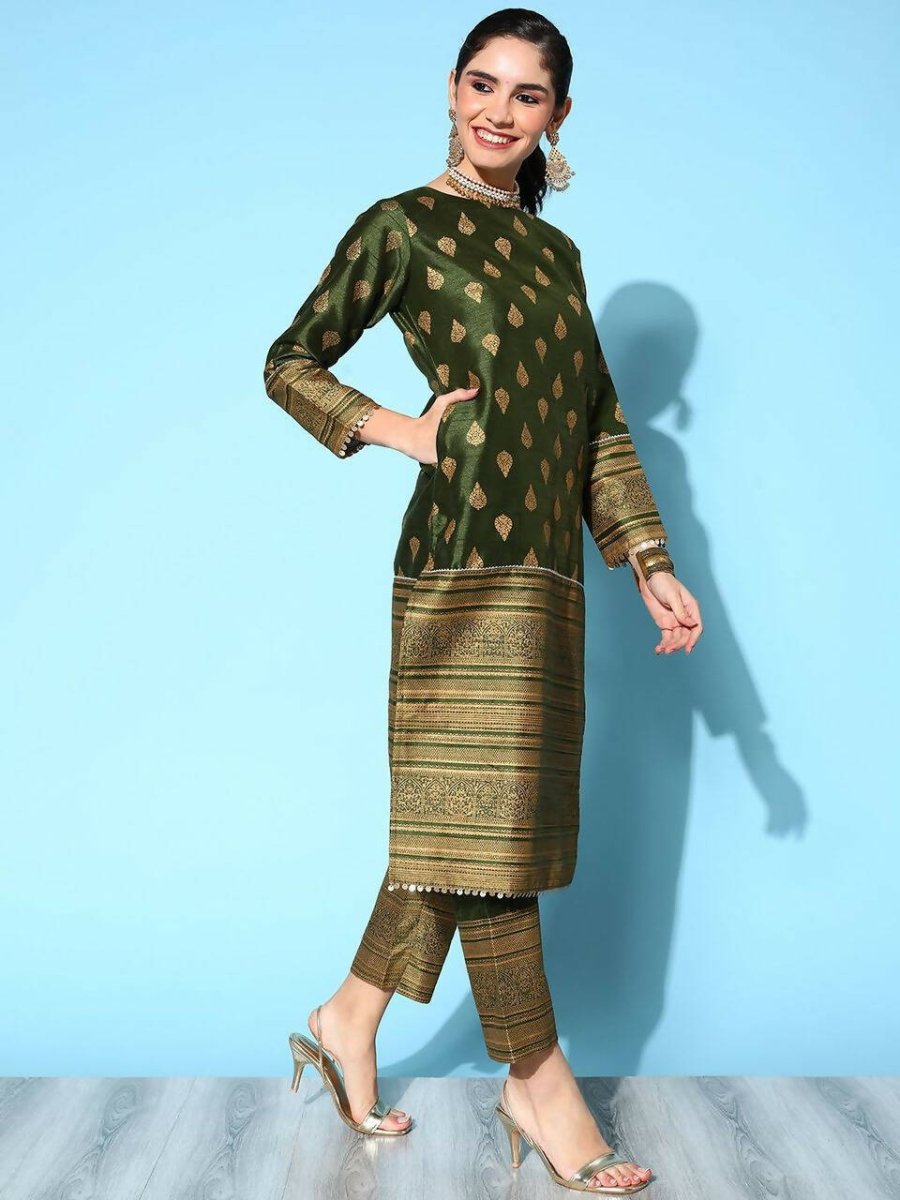 Ahalyaa Women's Olive Colour Poly Silk Gold Printed Kurta Pant Set With Dupatta