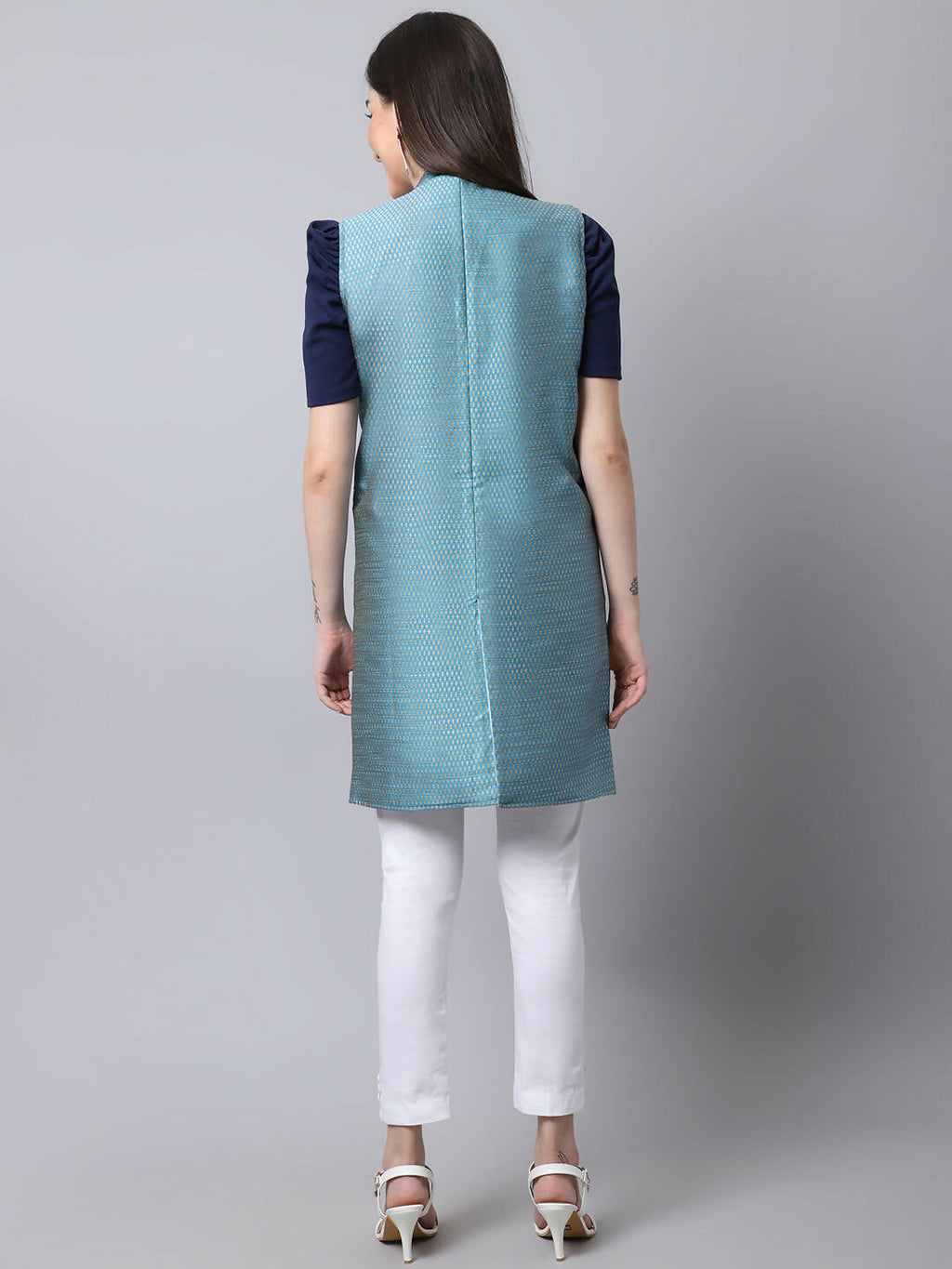 Even Apparels Blue Bansari Silk Open Front Women's Long Coat