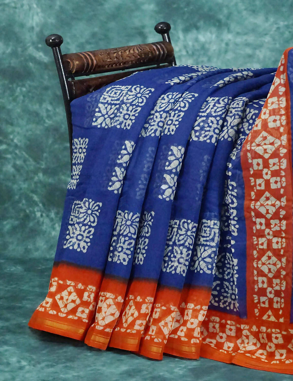 Mix of Blue and Orange Batik Printed Semi Chanderi Saree By Gayathri Reddy Designer Studio