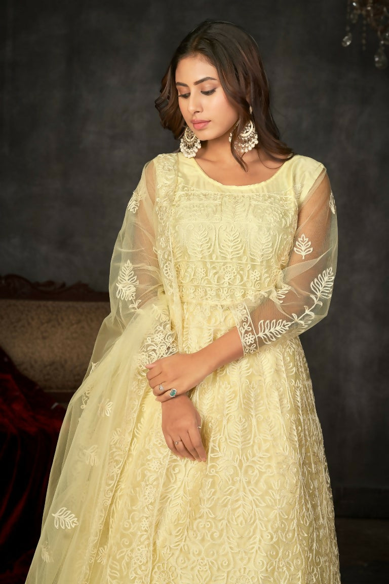 Jyoti Fashion Women's Cream Net Embroidered Anarkali Kurta Pant Set With Dupatta