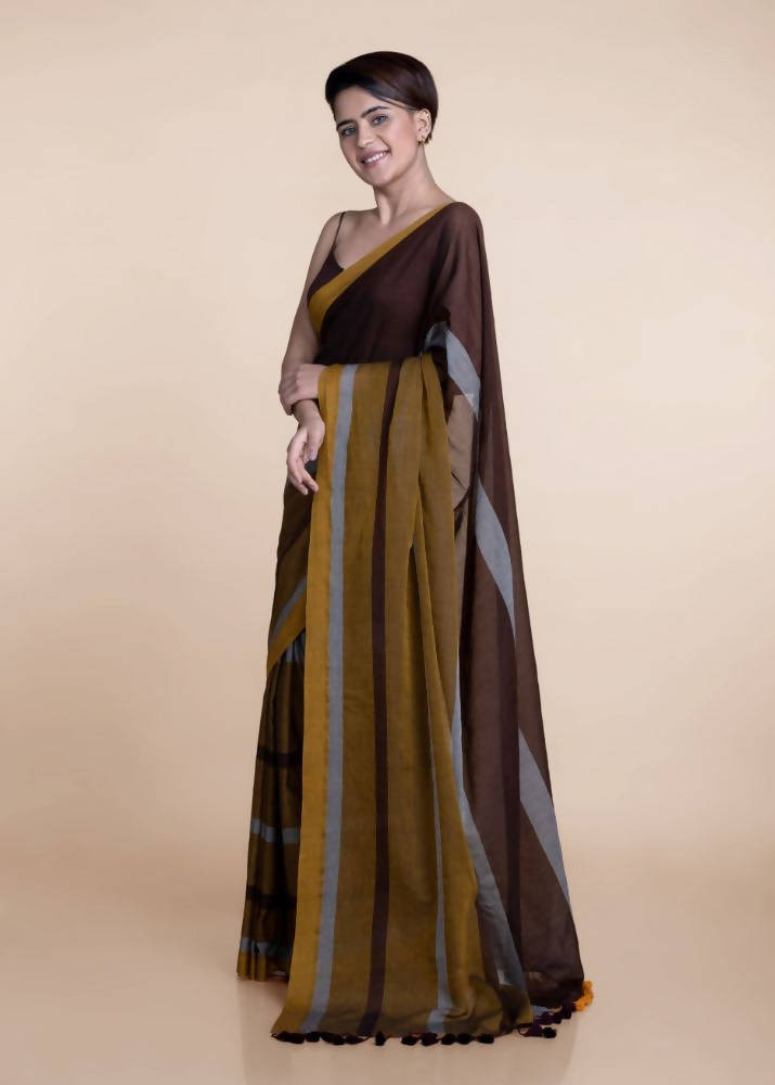 Suta Brown Yellow Colourblocked Mul Saree