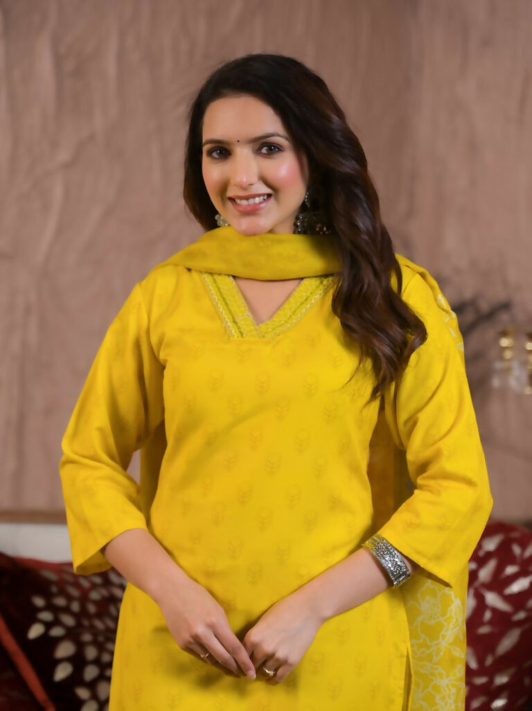 Festive Ethnic Viscose Chanderi Yellow Stitched Suit With Dupatta - Rashmika