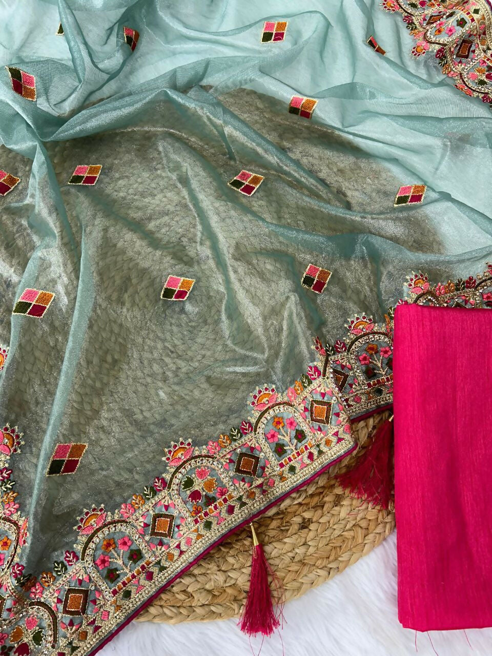 Vastranavya Twill Net Designer Embroidery & Colour Thread & Diamond work Saree with Blouse Material - Sky Blue