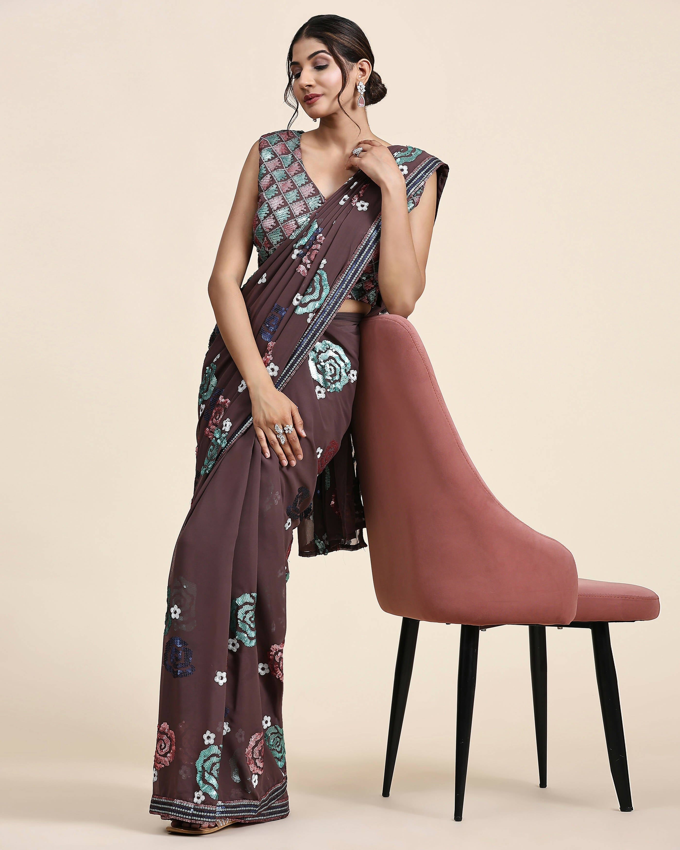 Brown Pure Georgette Sequence work Ready to wear Saree with stitched Blouse - Nirvana