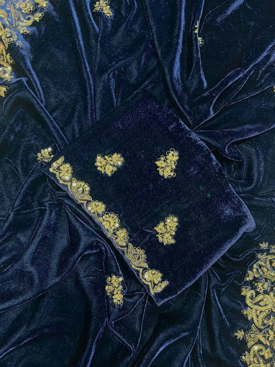 Vastranavya Designer Velvet Sequence & Zari Thread Embroidery work with border and Cutwork Saree - Navy Blue