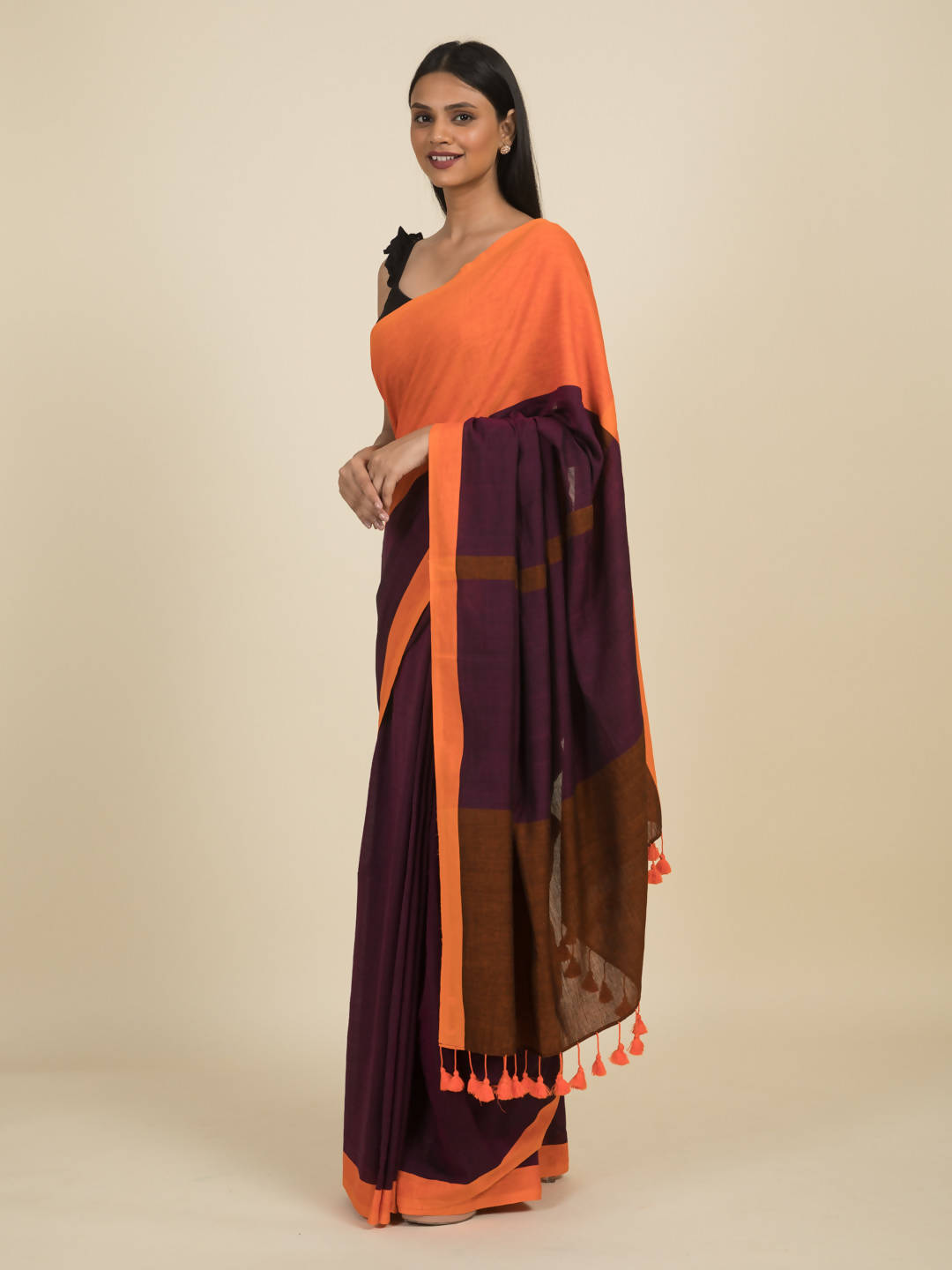 Suta Purple Orange Colourblocked Pure Cotton Saree