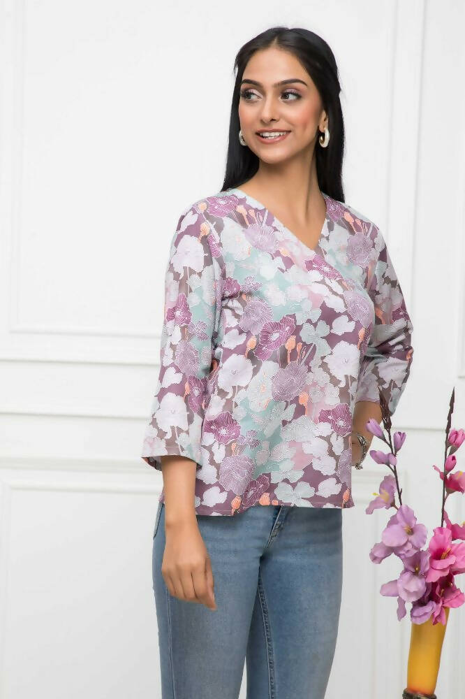 Myshka Women Multi-Floral V-Neck Regular Sleeves Viscose Rayon Top