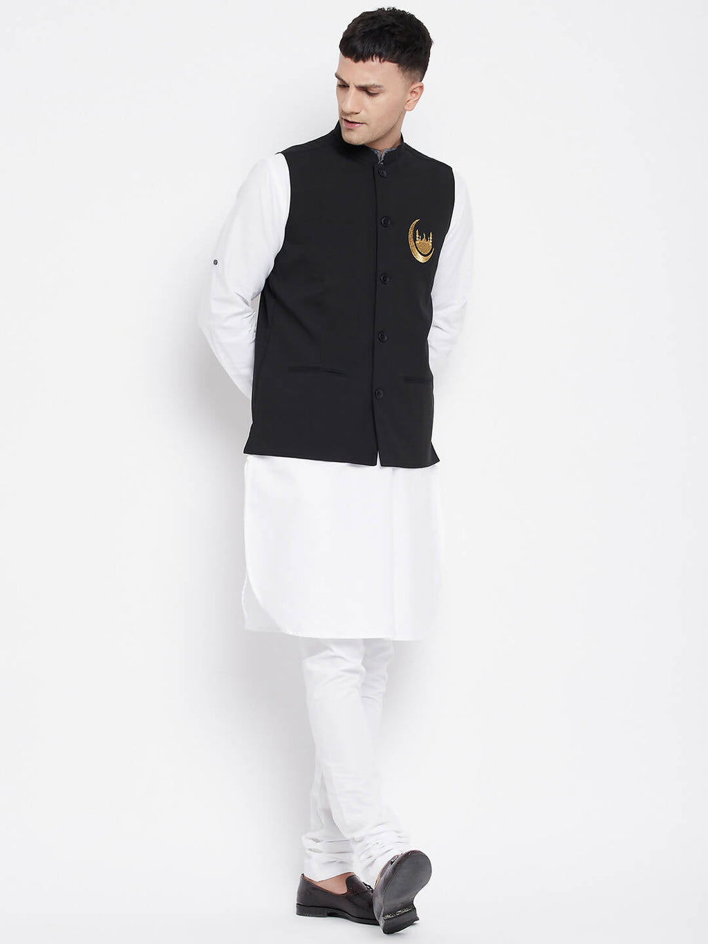 Even Apparels Black Pure Cotton White Kurta Sets With Eid Insignia Jackets PW668-CHA