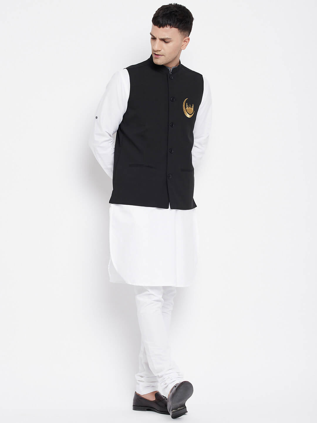 Even Apparels Black Pure Cotton White Kurta Sets With Eid Insignia Jackets PW668-CHA