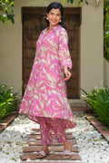 Aramya Pink Soft Cotton Foliage Print High Low Kurta Set for Women
