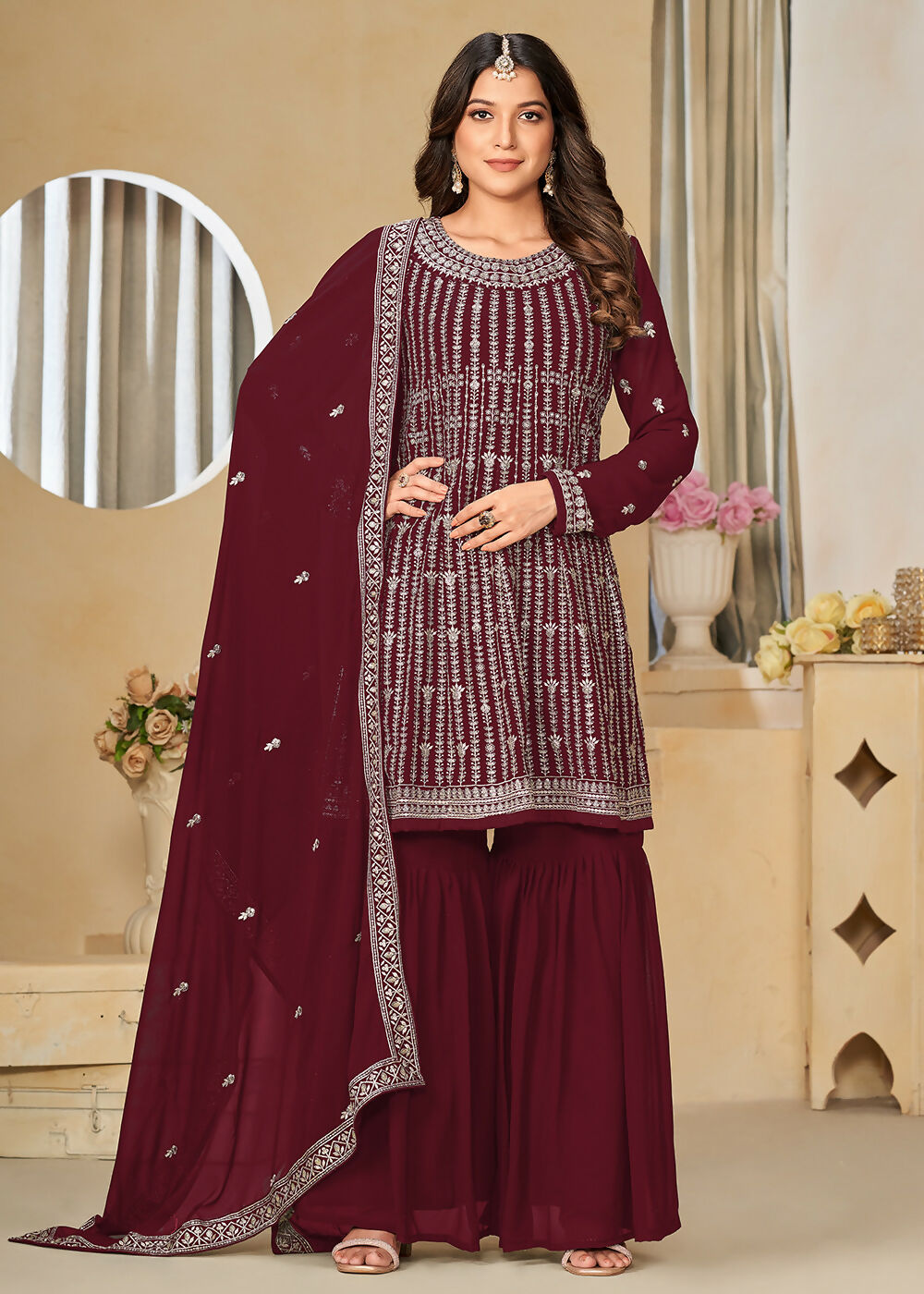 Faux Georgette Maroon Embroidered Gharara Style Suit - Emponline