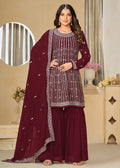 Faux Georgette Maroon Embroidered Gharara Style Suit - Emponline