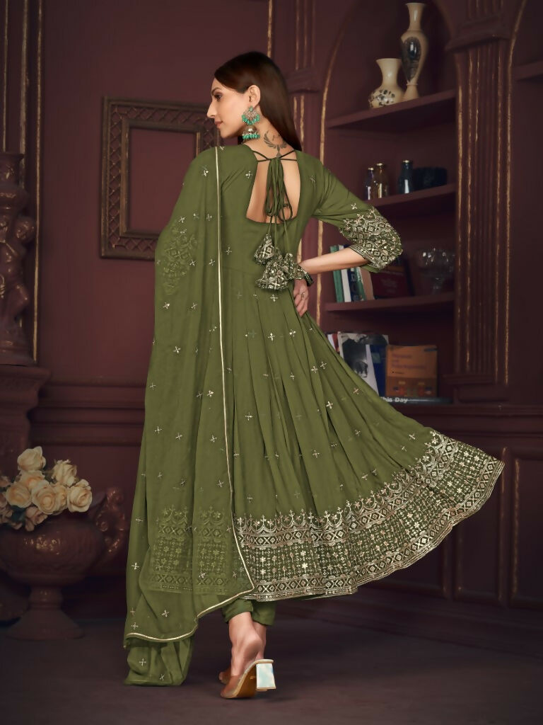 Jyoti Fashion Women's Olive Green Georgette Embroidered Anarkali Kurta Pant Set With Dupatta