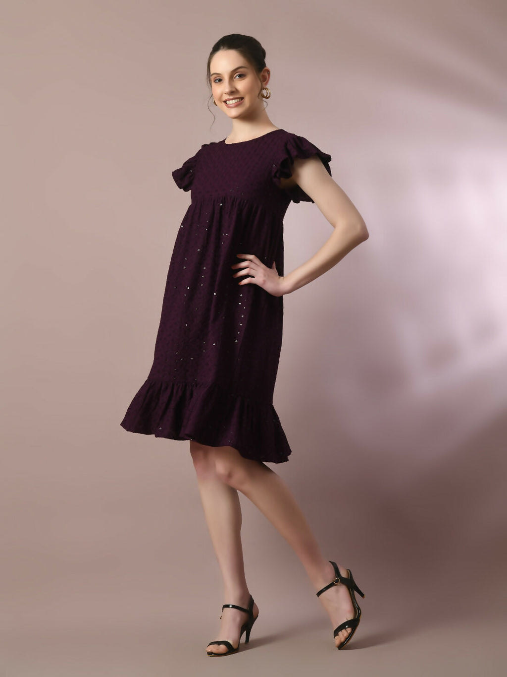 Myshka Women's Violet Embroidered Cotton Round Neck A-Line Party Dress